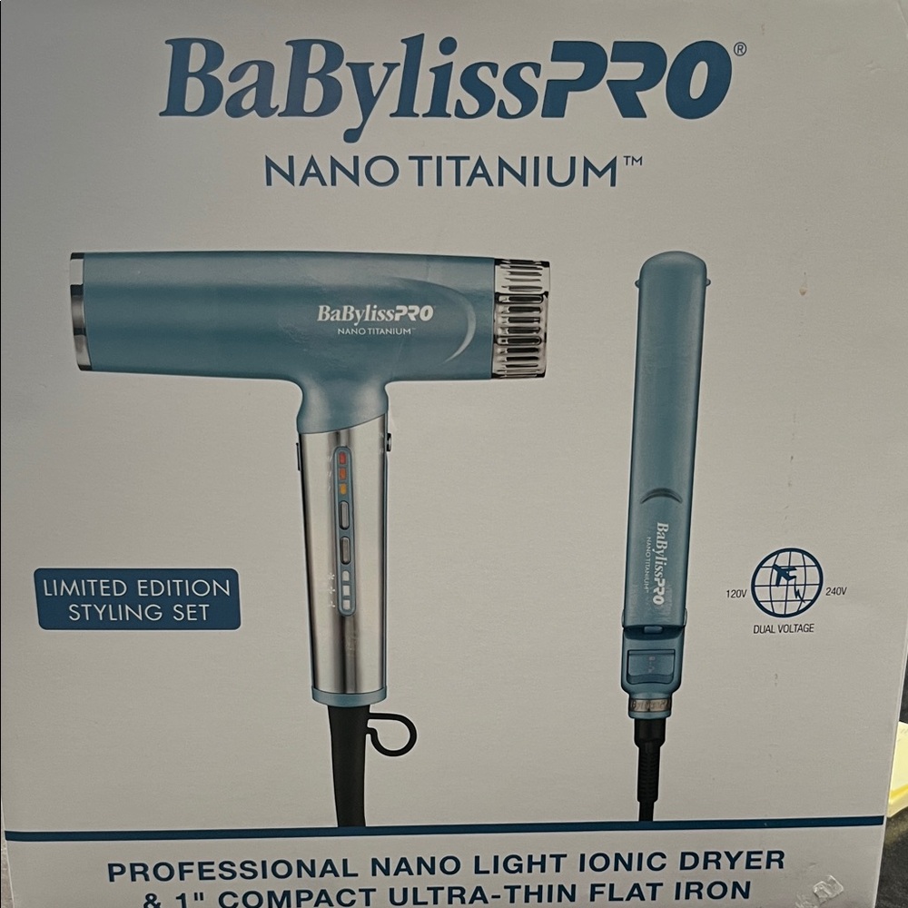 BaBylissPRO Nano Titanium Hair Dryer and Flat Iron Set - Blue